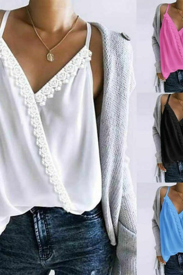 The Best Women Sexy V-neck Tank Top Vest Blouse Sleeveless Loose Summer Beach Crop Top Shirt Solid Casual Cami Top Online - Takalr