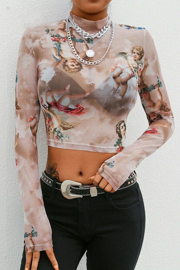 The Best Women Sheer Mesh Crop Top New Fashion Ladies Girls Summer Long Sleeve Crew Neck Stretchy Beach Holiday Shirt Online - Takalr