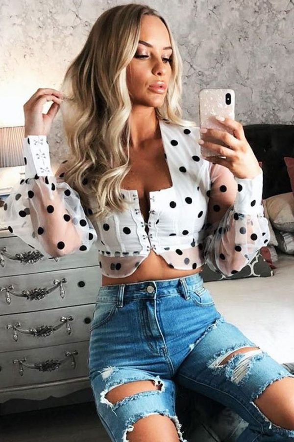 The Best Women Sheer Mesh Puff Long Sleeve See-through Blouse Shirt Summer Fashion Ladies Polka Dot V-Neck Casual Tops Online - Takalr