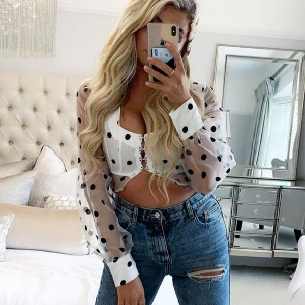 The Best Women Sheer Mesh Puff Long Sleeve See-through Blouse Shirt Summer Fashion Ladies Polka Dot V-Neck Casual Tops Online - Takalr