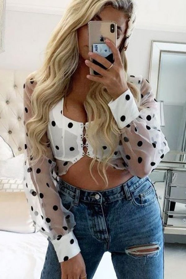 The Best Women Sheer Mesh Puff Long Sleeve See-through Blouse Shirt Summer Fashion Ladies Polka Dot V-Neck Casual Tops Online - Takalr