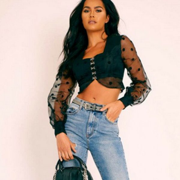 The Best Women Sheer Mesh Puff Long Sleeve See-through Blouse Shirt Summer Fashion Ladies Polka Dot V-Neck Casual Tops Online - Takalr