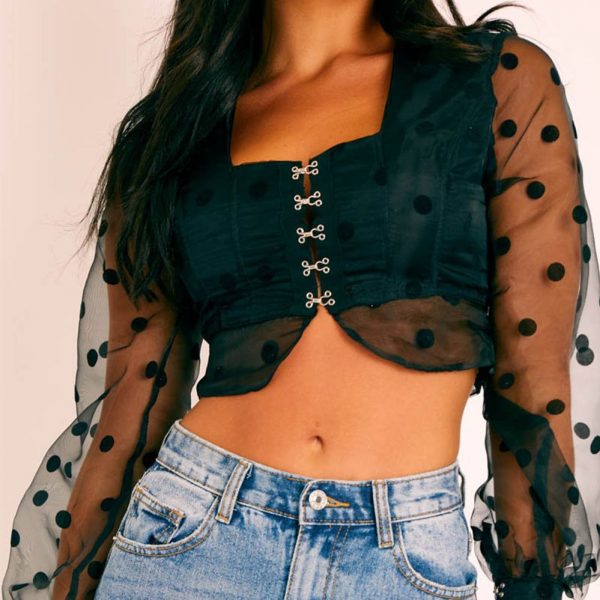 The Best Women Sheer Mesh Puff Long Sleeve See-through Blouse Shirt Summer Fashion Ladies Polka Dot V-Neck Casual Tops Online - Takalr