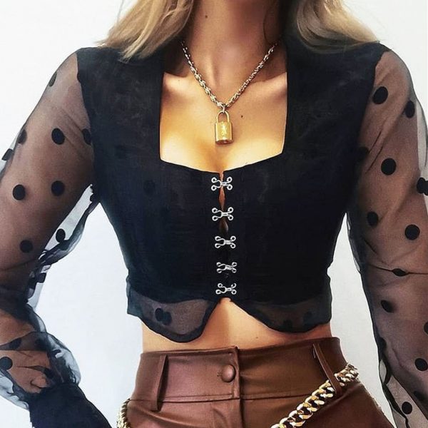 The Best Women Sheer Mesh Puff Long Sleeve See-through Blouse Shirt Summer Fashion Ladies Polka Dot V-Neck Casual Tops Online - Takalr