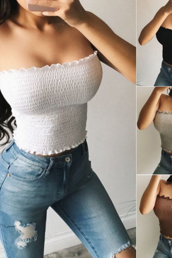 The Best Women Sheering Boob Off Shoulder Elastic Tube Top Gather Smoken Strapless Bandeau Sexy Ladies Shirred Crop Top Online - Takalr