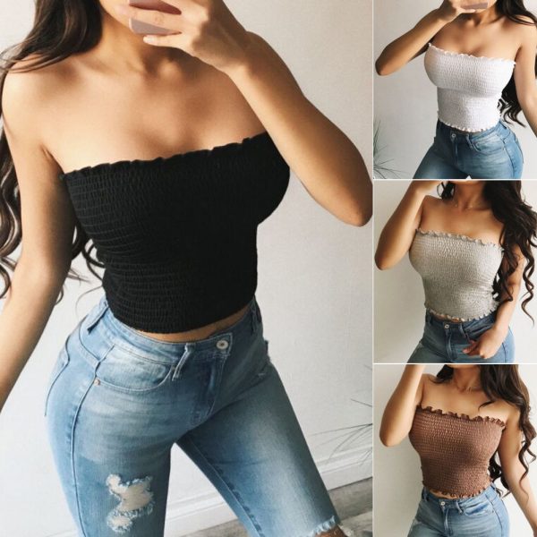 The Best Women Sheering Boob Off Shoulder Elastic Tube Top Gather Smoken Strapless Bandeau Sexy Ladies Shirred Crop Top Online - Takalr