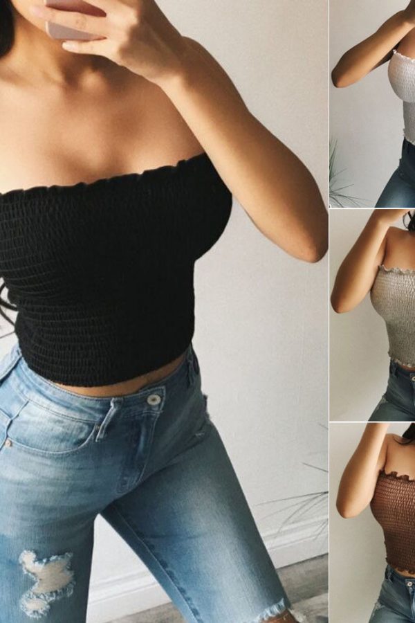 The Best Women Sheering Boob Off Shoulder Elastic Tube Top Gather Smoken Strapless Bandeau Sexy Ladies Shirred Crop Top Online - Takalr