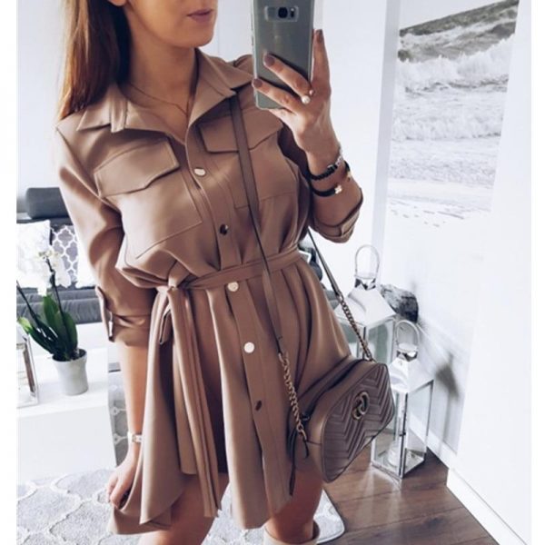 Women Shirt Dress Sexy Slim Single Breasted Turn-down Collar Mini A-line Dress Sashes High Waist Pleated Wrap Dresses Vestidos - Takalr