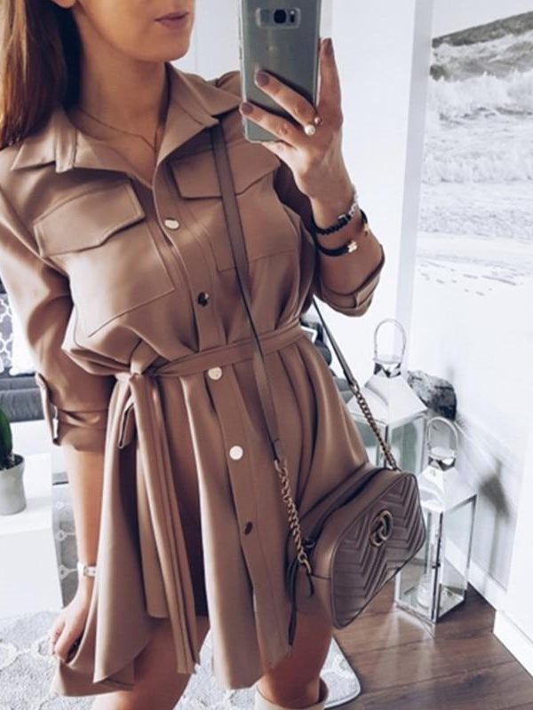 Women Shirt Dress Sexy Slim Single Breasted Turn-down Collar Mini A-line Dress Sashes High Waist Pleated Wrap Dresses Vestidos - Takalr