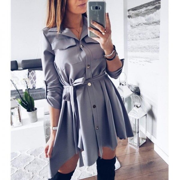 Women Shirt Dress Sexy Slim Single Breasted Turn-down Collar Mini A-line Dress Sashes High Waist Pleated Wrap Dresses Vestidos - Takalr