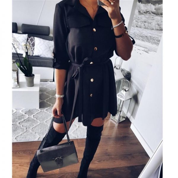 Women Shirt Dress Sexy Slim Single Breasted Turn-down Collar Mini A-line Dress Sashes High Waist Pleated Wrap Dresses Vestidos - Takalr