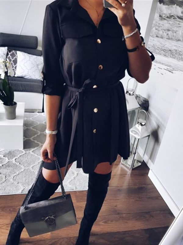 Women Shirt Dress Sexy Slim Single Breasted Turn-down Collar Mini A-line Dress Sashes High Waist Pleated Wrap Dresses Vestidos - Takalr