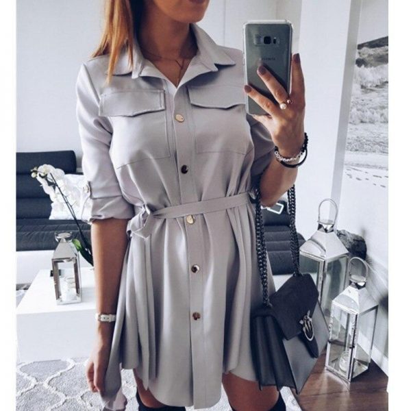 Women Shirt Dress Sexy Slim Single Breasted Turn-down Collar Mini A-line Dress Sashes High Waist Pleated Wrap Dresses Vestidos - Takalr