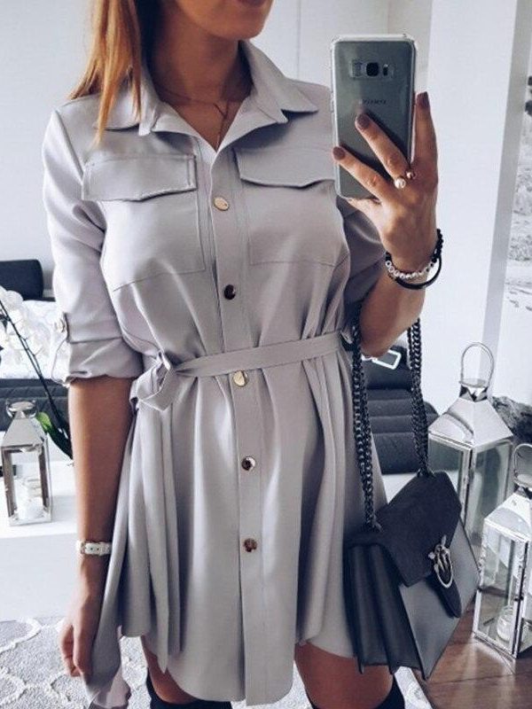 Women Shirt Dress Sexy Slim Single Breasted Turn-down Collar Mini A-line Dress Sashes High Waist Pleated Wrap Dresses Vestidos - Takalr