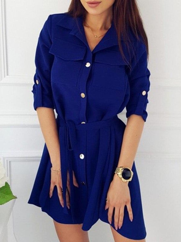 Women Shirt Dress Sexy Slim Single Breasted Turn-down Collar Mini A-line Dress Sashes High Waist Pleated Wrap Dresses Vestidos - Takalr