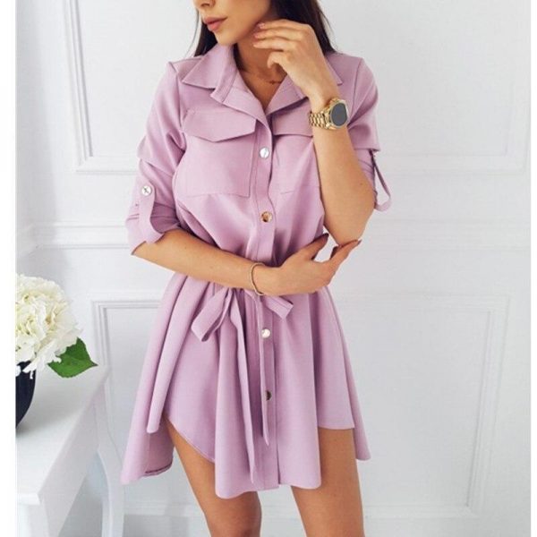 Women Shirt Dress Sexy Slim Single Breasted Turn-down Collar Mini A-line Dress Sashes High Waist Pleated Wrap Dresses Vestidos - Takalr