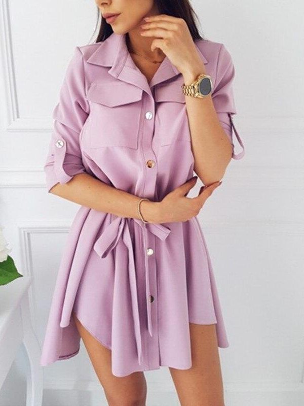 Women Shirt Dress Sexy Slim Single Breasted Turn-down Collar Mini A-line Dress Sashes High Waist Pleated Wrap Dresses Vestidos - Takalr