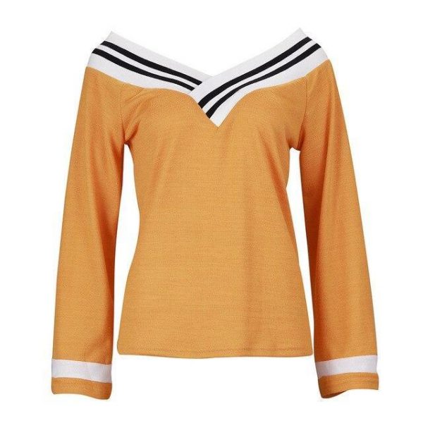 Women Shirts Sexy Low Cut  Long Sleeve Striped Yellow Women Tops and Shirts Women Tshirt Long Sleeve Tops Sexy Tops - Takalr