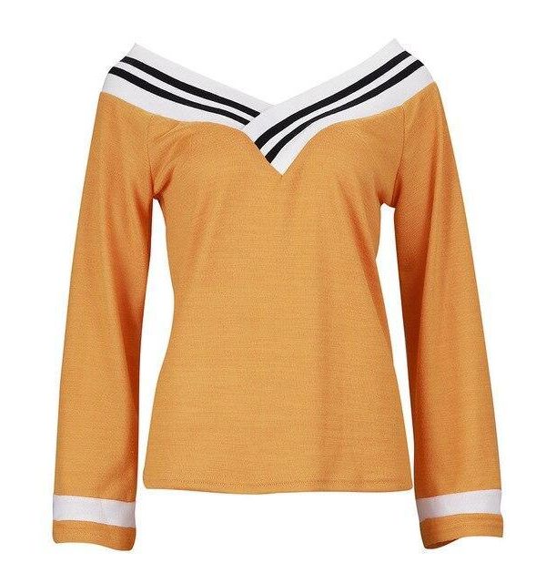 Women Shirts Sexy Low Cut  Long Sleeve Striped Yellow Women Tops and Shirts Women Tshirt Long Sleeve Tops Sexy Tops - Takalr