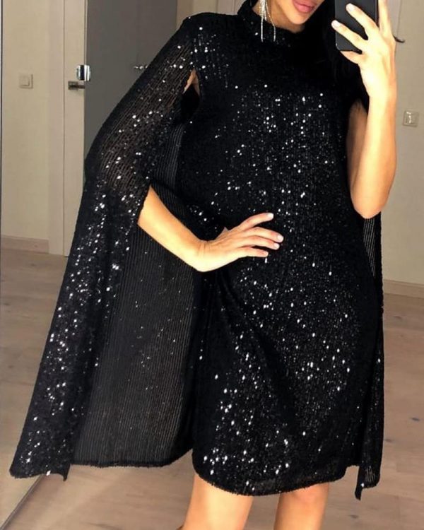 Women Short Sequined Dress Glitter Mock Neck Cape Design Sequins Dress Elegant Ladies Color Silver Black Sequins Party Dresses - Takalr