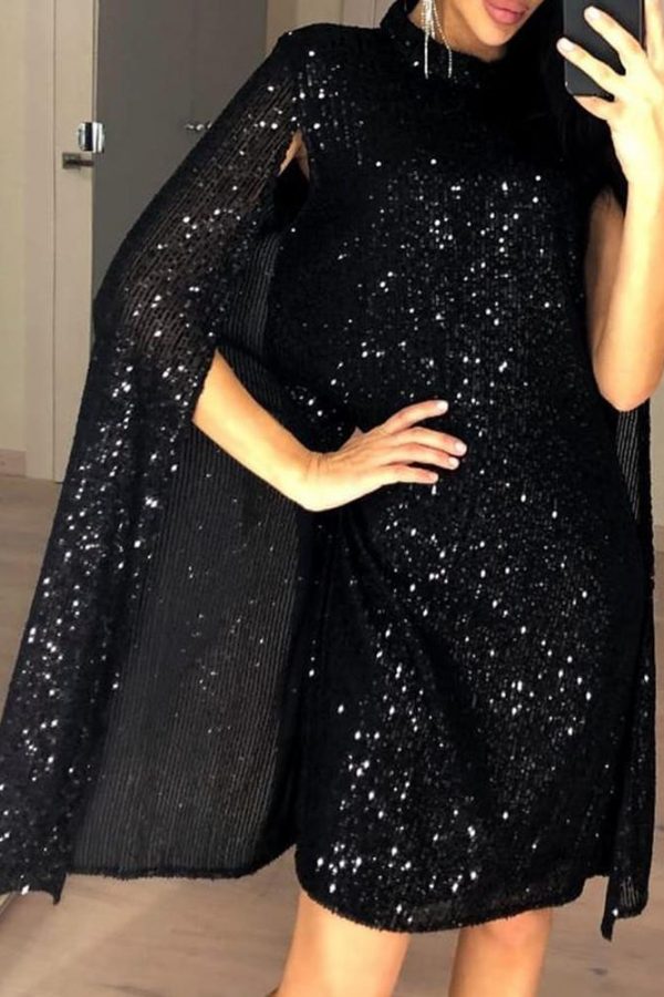 Women Short Sequined Dress Glitter Mock Neck Cape Design Sequins Dress Elegant Ladies Color Silver Black Sequins Party Dresses - Takalr