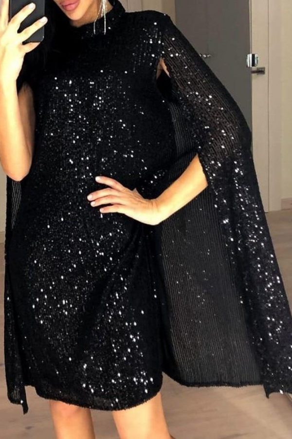 Women Short Sequined Dress Glitter Mock Neck Cape Design Sequins Dress Elegant Ladies Color Silver Black Sequins Party Dresses - Takalr