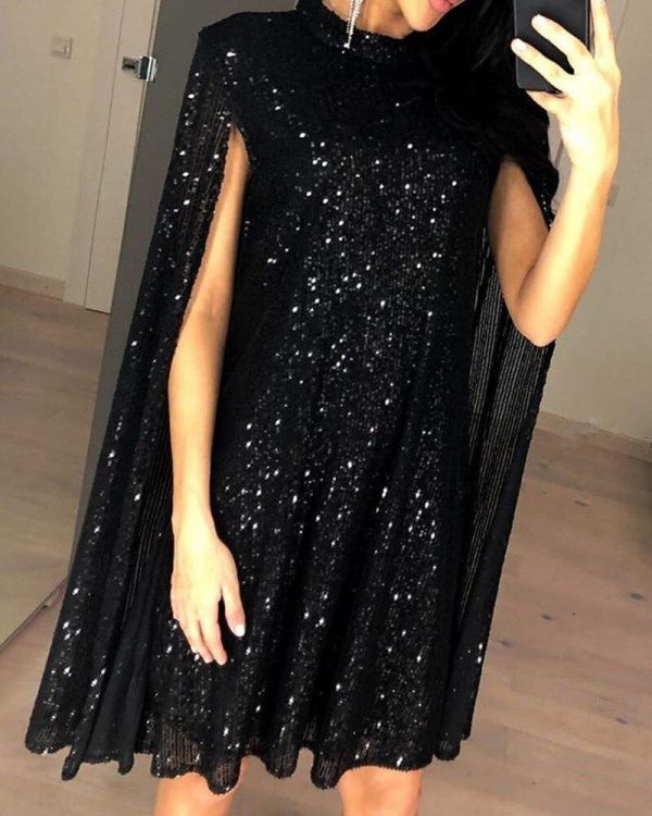 Women Short Sequined Dress Glitter Mock Neck Cape Design Sequins Dress Elegant Ladies Color Silver Black Sequins Party Dresses - Takalr