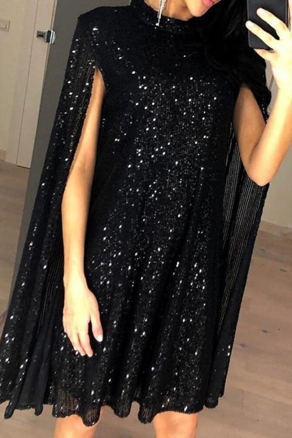 Women Short Sequined Dress Glitter Mock Neck Cape Design Sequins Dress Elegant Ladies Color Silver Black Sequins Party Dresses - Takalr