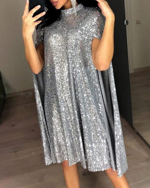 Women Short Sequined Dress Glitter Mock Neck Cape Design Sequins Dress Elegant Ladies Color Silver Black Sequins Party Dresses - Takalr