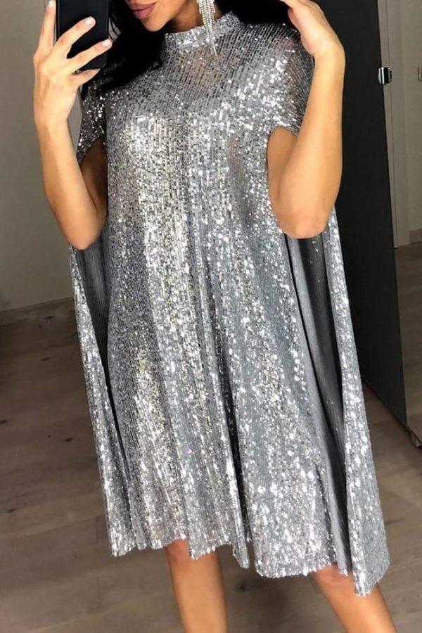 Women Short Sequined Dress Glitter Mock Neck Cape Design Sequins Dress Elegant Ladies Color Silver Black Sequins Party Dresses - Takalr