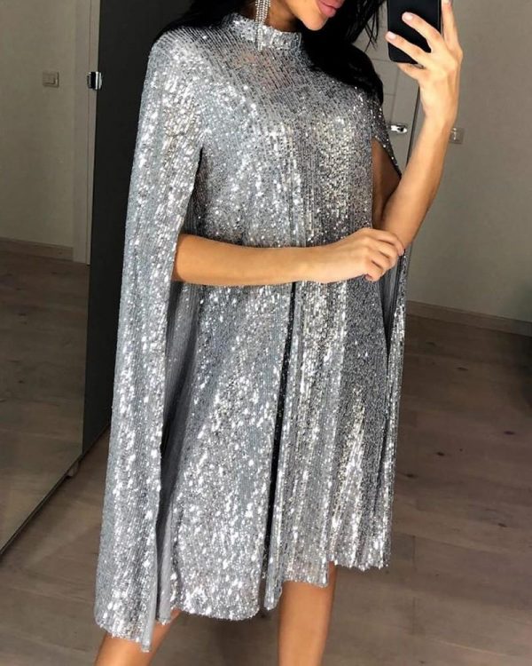 Women Short Sequined Dress Glitter Mock Neck Cape Design Sequins Dress Elegant Ladies Color Silver Black Sequins Party Dresses - Takalr