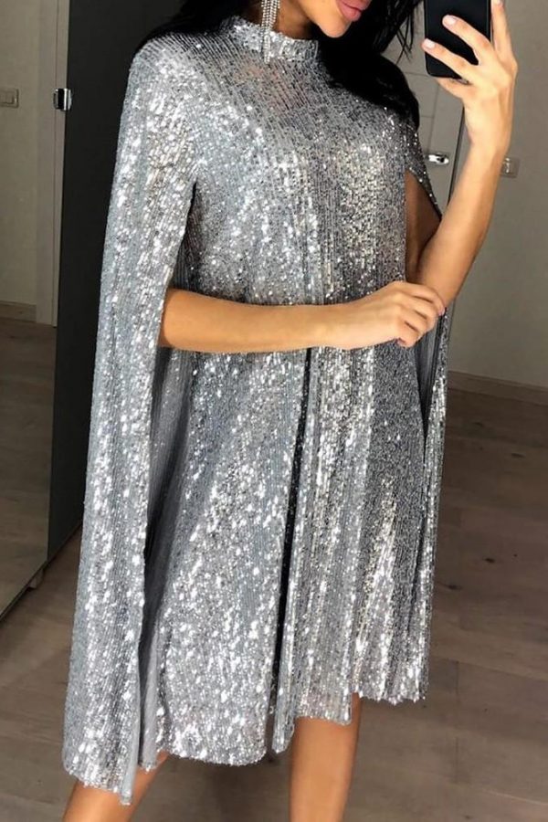 Women Short Sequined Dress Glitter Mock Neck Cape Design Sequins Dress Elegant Ladies Color Silver Black Sequins Party Dresses - Takalr