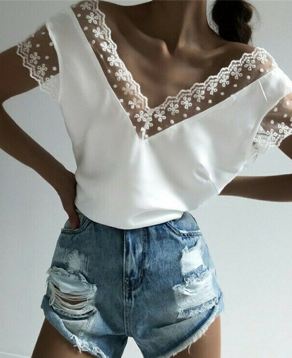 The Best Women Short Sleeve Hollow Lace Wave Deep V-Neck Summer Casual Blouse Tops Shirt Sexy Backless Loose Vest Tank Tops Online - Takalr