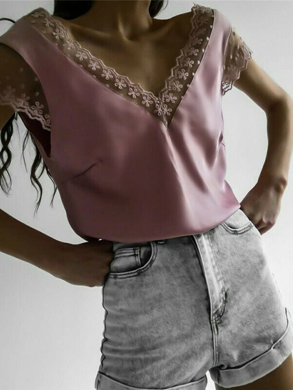 The Best Women Short Sleeve Hollow Lace Wave Deep V-Neck Summer Casual Blouse Tops Shirt Sexy Backless Loose Vest Tank Tops Online - Takalr