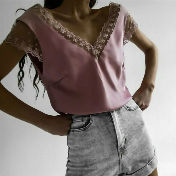 The Best Women Short Sleeve Hollow Lace Wave Deep V-Neck Summer Casual Blouse Tops Shirt Sexy Backless Loose Vest Tank Tops Online - Takalr