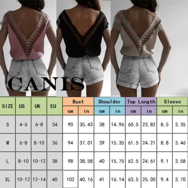 The Best Women Short Sleeve Hollow Lace Wave Deep V-Neck Summer Casual Blouse Tops Shirt Sexy Backless Loose Vest Tank Tops Online - Takalr