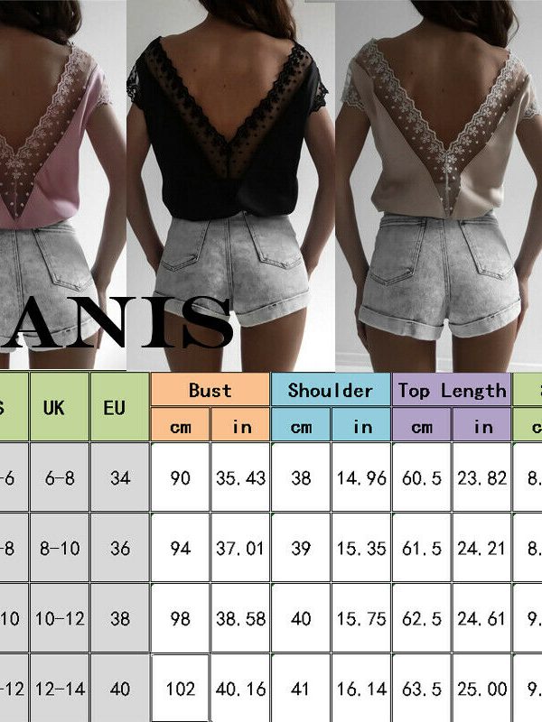 The Best Women Short Sleeve Hollow Lace Wave Deep V-Neck Summer Casual Blouse Tops Shirt Sexy Backless Loose Vest Tank Tops Online - Takalr