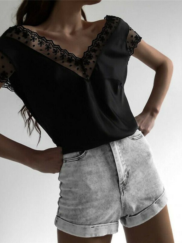 The Best Women Short Sleeve Hollow Lace Wave Deep V-Neck Summer Casual Blouse Tops Shirt Sexy Backless Loose Vest Tank Tops Online - Takalr