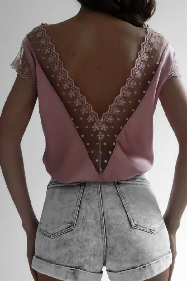 The Best Women Short Sleeve Hollow Lace Wave Deep V-Neck Summer Casual Blouse Tops Shirt Sexy Backless Loose Vest Tank Tops Online - Takalr