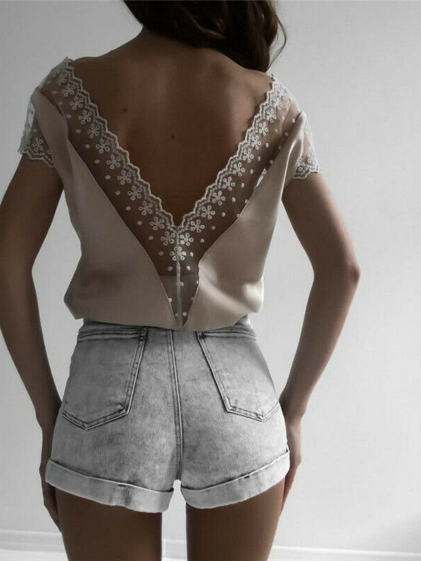 The Best Women Short Sleeve Hollow Lace Wave Deep V-Neck Summer Casual Blouse Tops Shirt Sexy Backless Loose Vest Tank Tops Online - Takalr