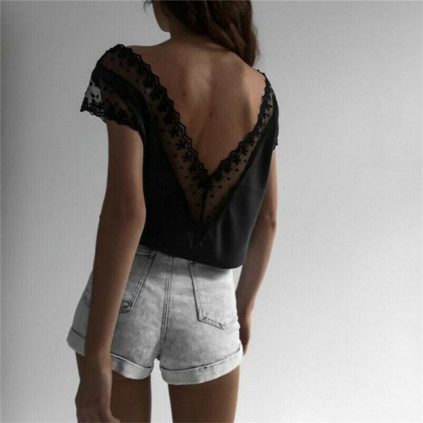 The Best Women Short Sleeve Hollow Lace Wave Deep V-Neck Summer Casual Blouse Tops Shirt Sexy Backless Loose Vest Tank Tops Online - Takalr