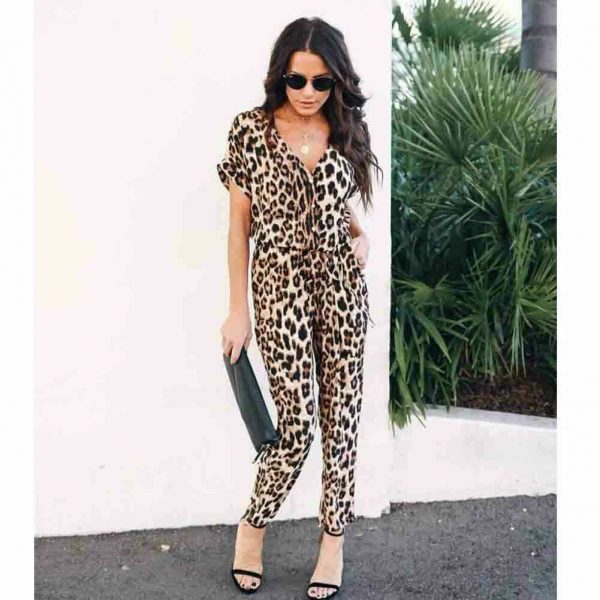 The Best Women Short Sleeve Leopard Playsuit 2019 New Fashion Ladies Summer Casual Holiday Romper Pocket Long Jumpsuit Trousers Online - Takalr