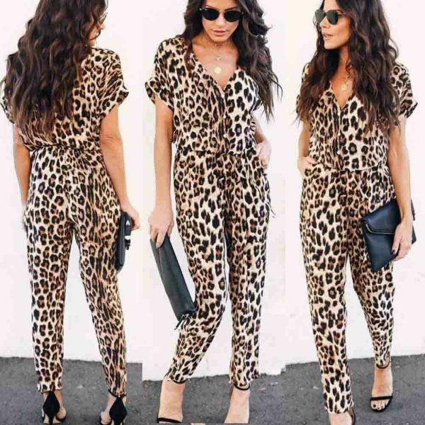 The Best Women Short Sleeve Leopard Playsuit 2019 New Fashion Ladies Summer Casual Holiday Romper Pocket Long Jumpsuit Trousers Online - Takalr