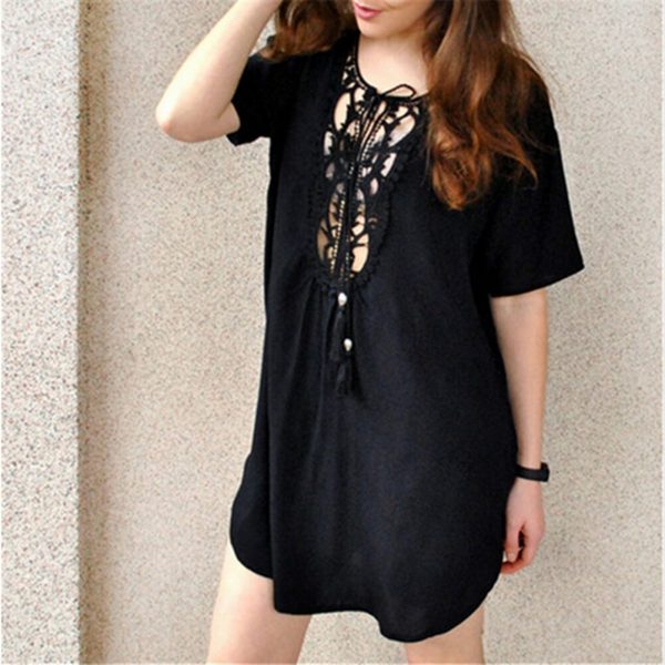 The Best Women Short Sleeve Loose Mini Dress Ladies Summer Shirt Solid Casual V-Neck Holiday Beach Dress Sundress Online - Takalr