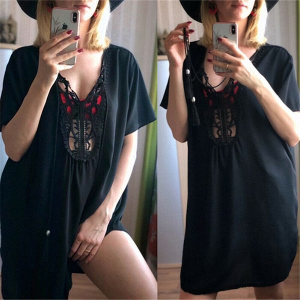 The Best Women Short Sleeve Loose Mini Dress Ladies Summer Shirt Solid Casual V-Neck Holiday Beach Dress Sundress Online - Takalr