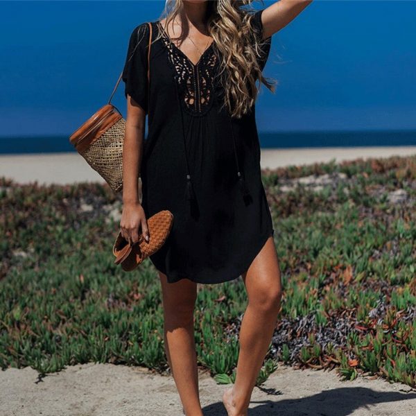 The Best Women Short Sleeve Loose Mini Dress Ladies Summer Shirt Solid Casual V-Neck Holiday Beach Dress Sundress Online - Takalr