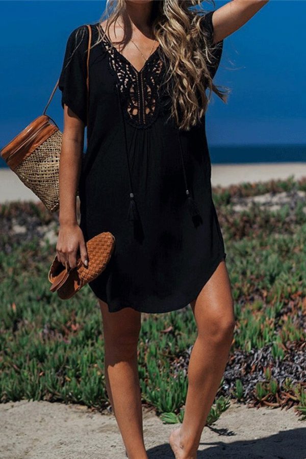 The Best Women Short Sleeve Loose Mini Dress Ladies Summer Shirt Solid Casual V-Neck Holiday Beach Dress Sundress Online - Takalr