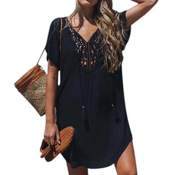 The Best Women Short Sleeve Loose Mini Dress Ladies Summer Shirt Solid Casual V-Neck Holiday Beach Dress Sundress Online - Takalr