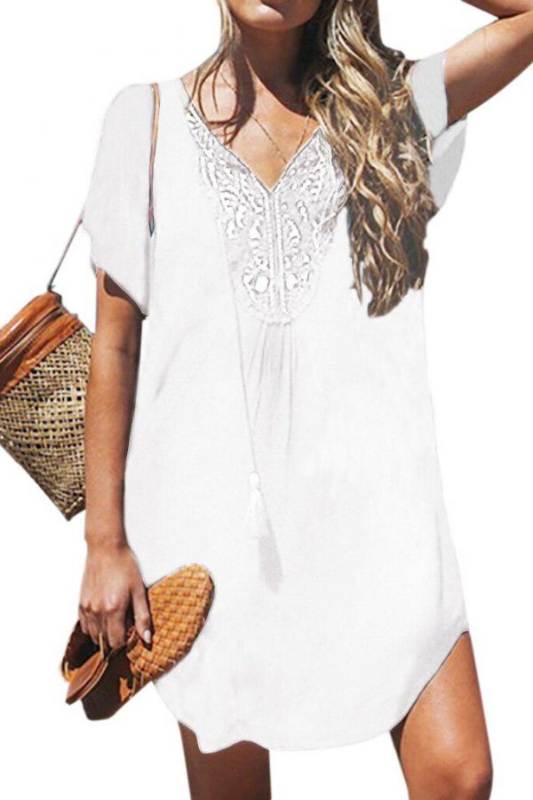 The Best Women Short Sleeve Loose Mini Dress Ladies Summer Shirt Solid Casual V-Neck Holiday Beach Dress Sundress Online - Takalr