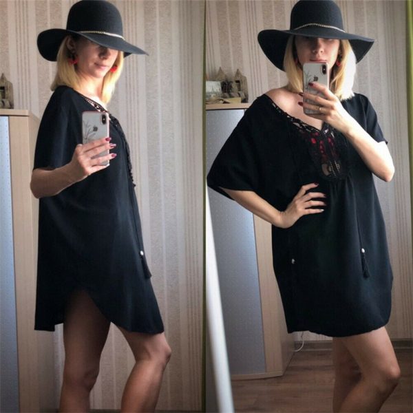 The Best Women Short Sleeve Loose Mini Dress Ladies Summer Shirt Solid Casual V-Neck Holiday Beach Dress Sundress Online - Takalr